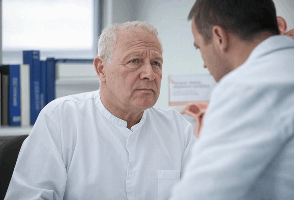 Hombre mayor de 50 años en consulta médica sobre andropausia con doctor y gráficos de testosterona